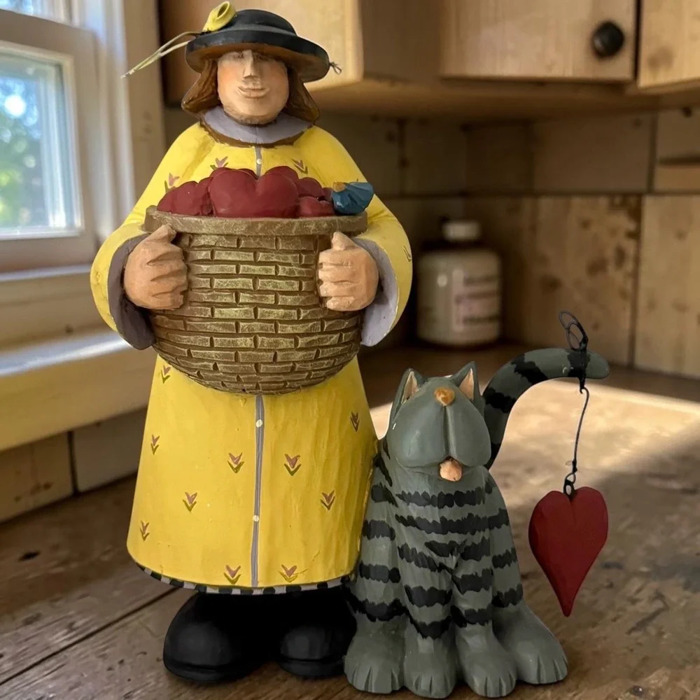 Vtg Williraye Studio Figurine Harvesting Love Yellow Cat Resin Folk Art Mint